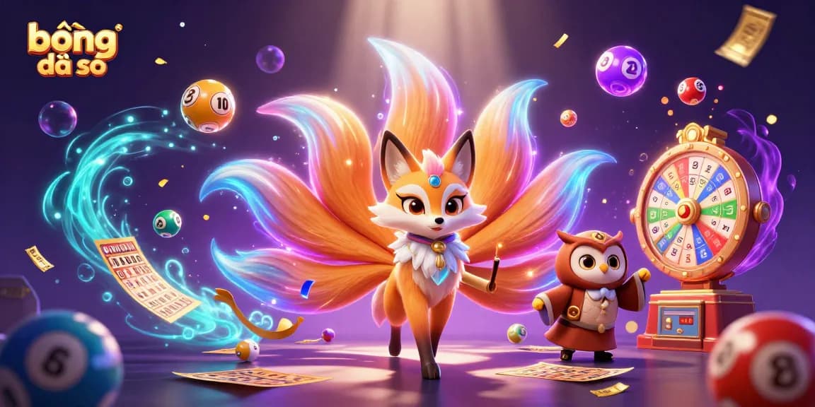 Engage with dynamic bóng đá số elements featuring glowing fox spirit, owl sage, and vibrant lottery theme.
