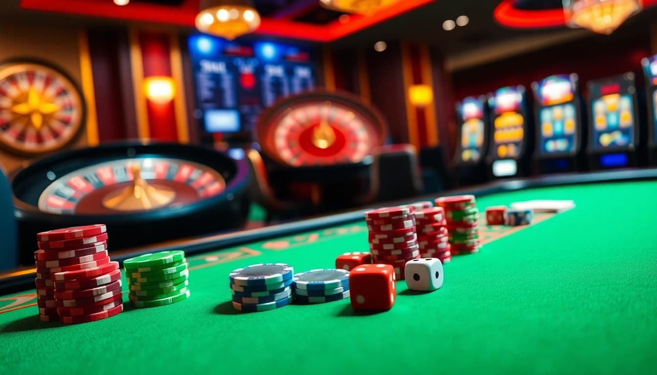 Exciting casino atmosphere with gambling elements representing https://da88.navy/ and high stakes.