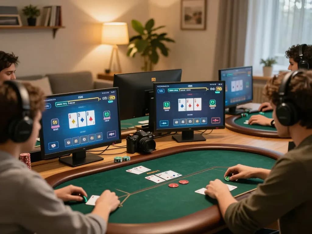 S88 online poker players strategizing in a cozy home setting, showcasing interactive gaming experience.