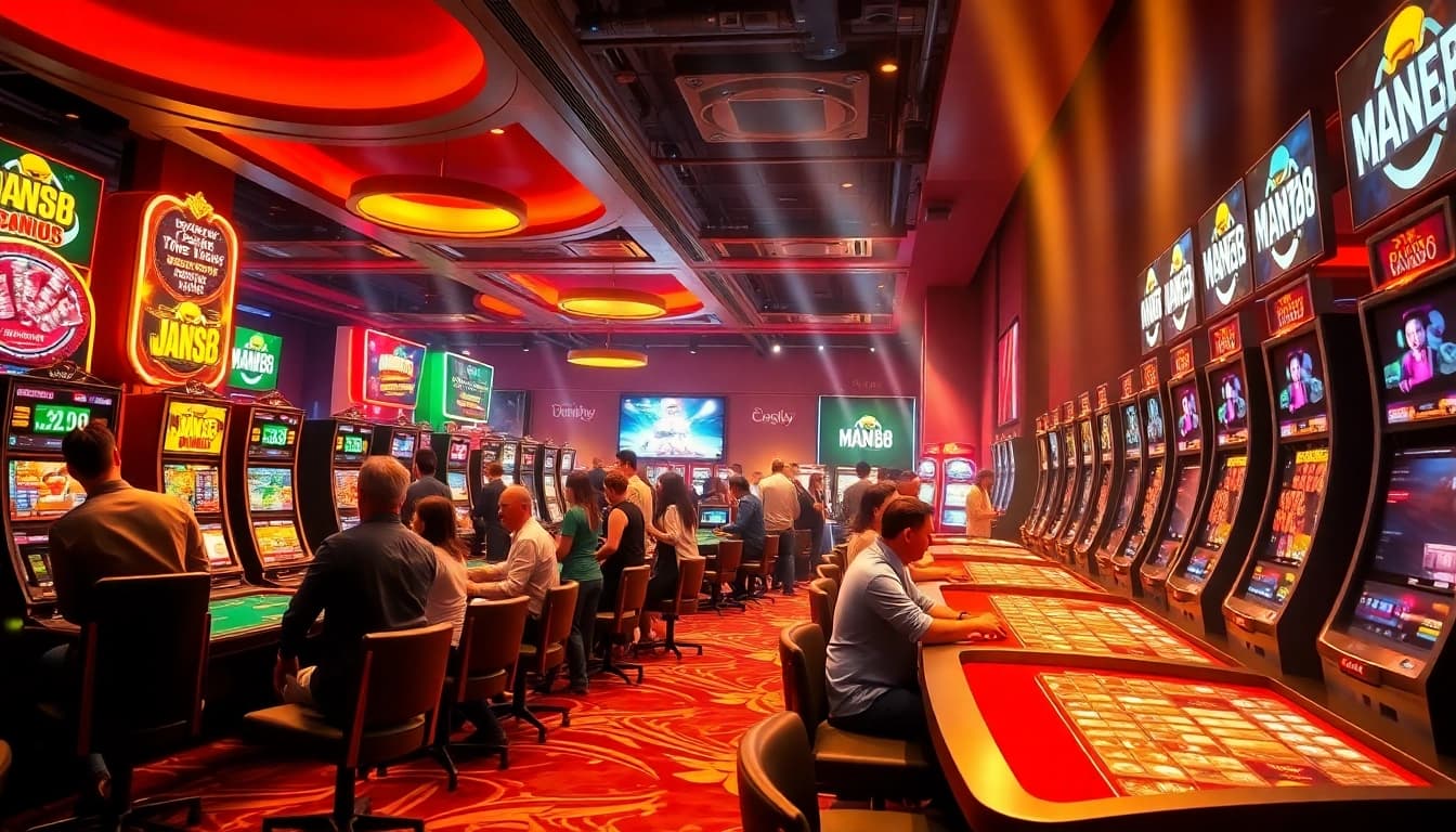 Man88 casino scene capturing diverse players enjoying thrilling gaming experiences.