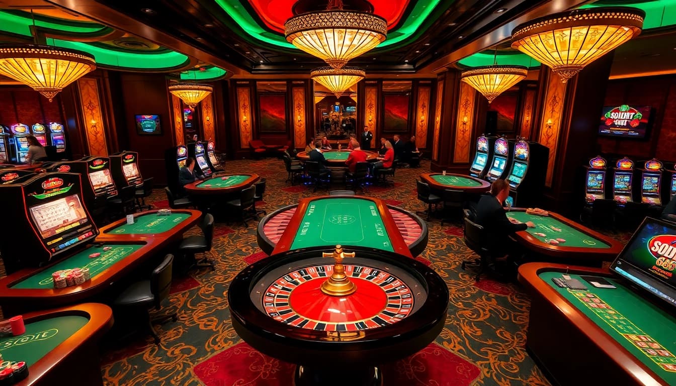 SODO66 casino scene featuring vibrant tables and glowing slot machines for an immersive gambling experience