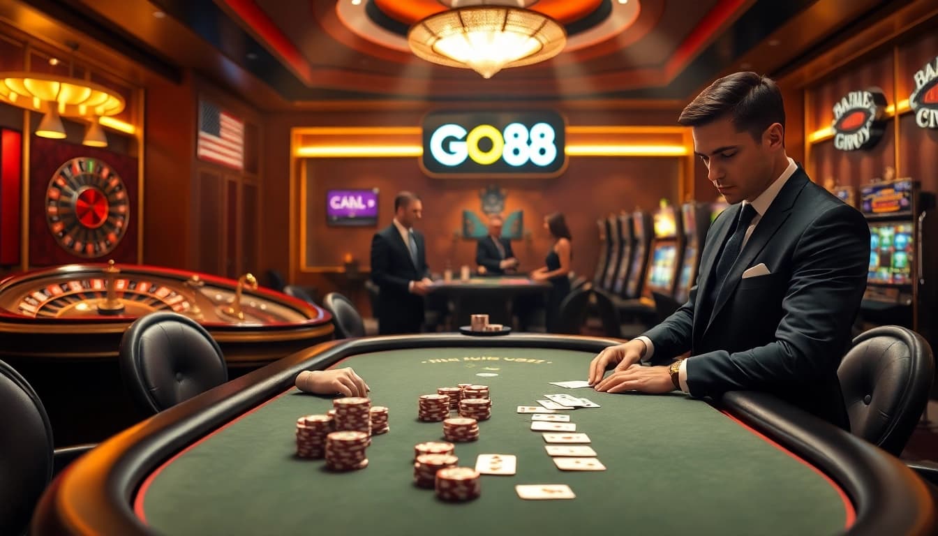 Exciting gambling atmosphere featuring Nhà Cái GO88 with poker action and vibrant casino lights.