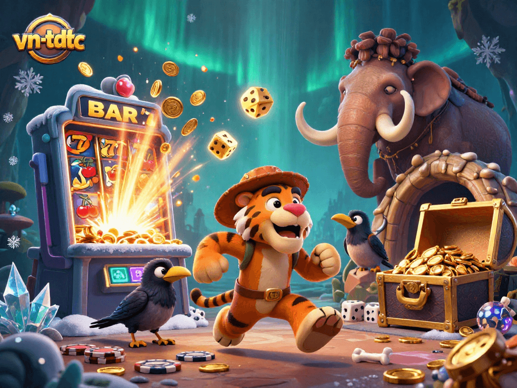 Witness thrilling casino action with vn-tdtc featuring a cartoon caveman, sabertooth tiger, and slot machine jackpot.