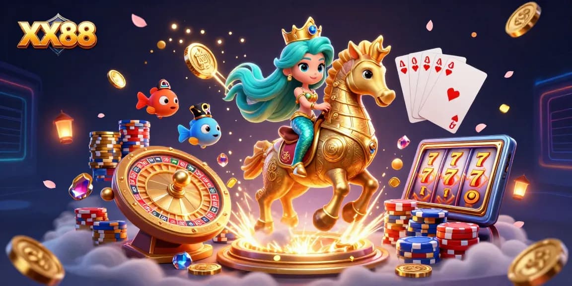 Experience the thrilling world of XX88 with golden coins, a mermaid, and vibrant game elements!