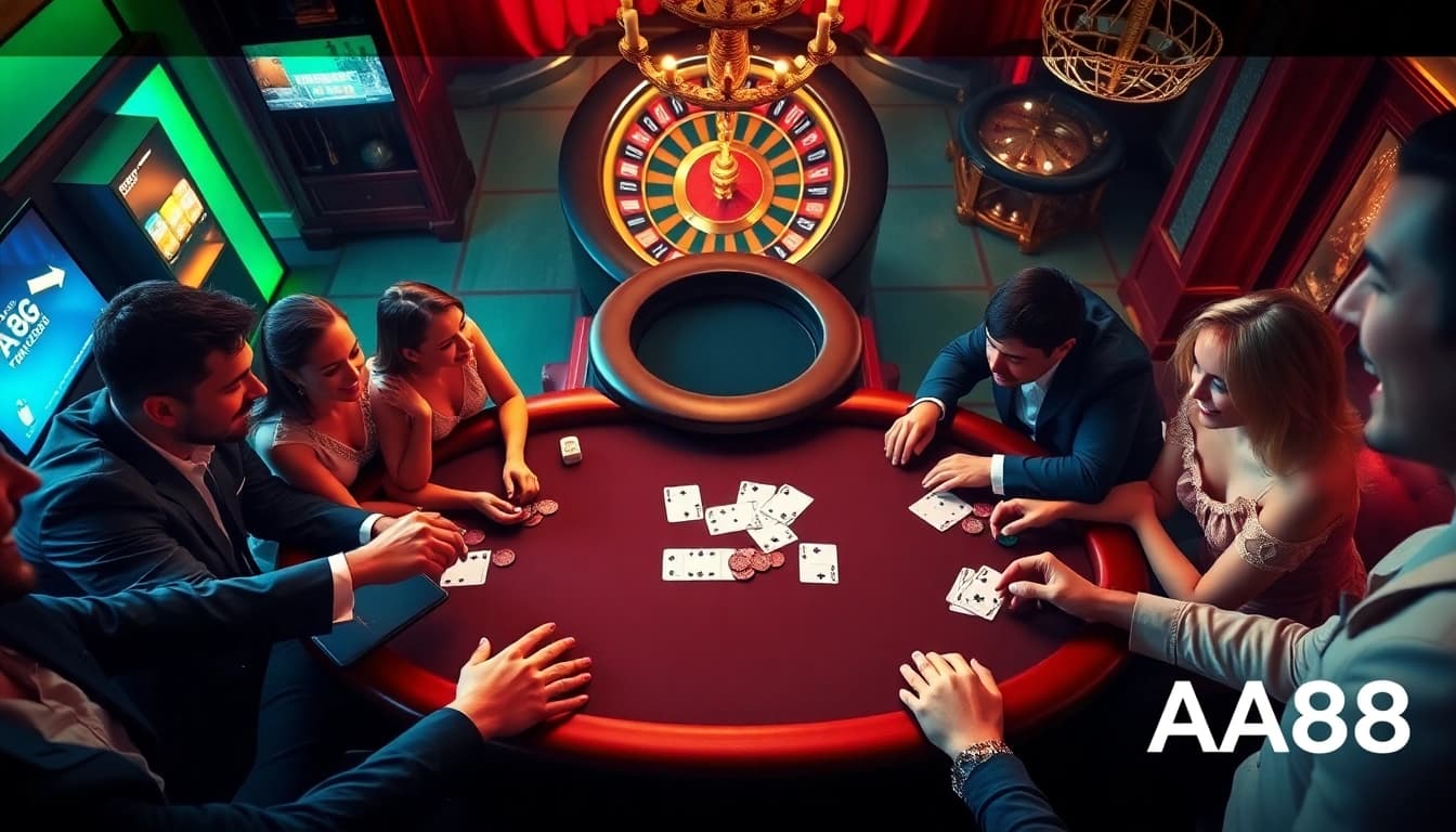 Players engaging in a high-stakes poker game at AA88, emphasizing excitement and luxury.