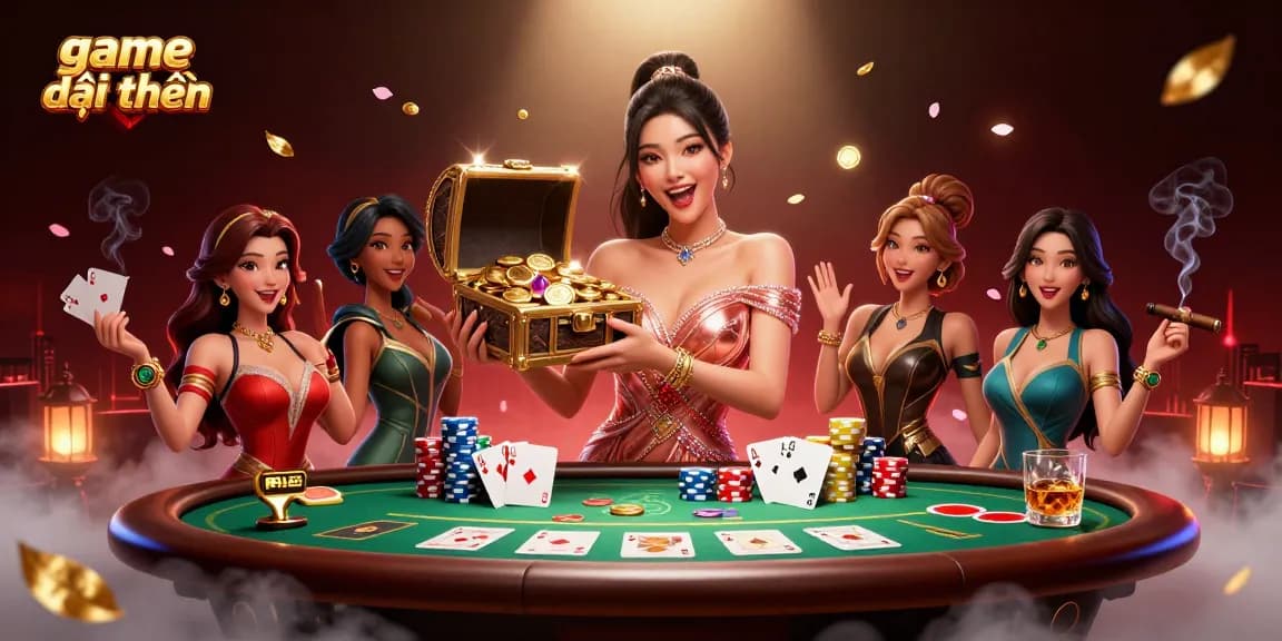 Experience game đổi thưởng excitement with a joyful Asian woman revealing treasures in a lively casino setting.