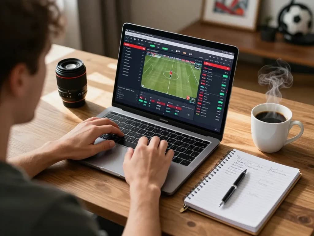 Engaged bettor analyzing live betting data for 58win in a cozy home office setup