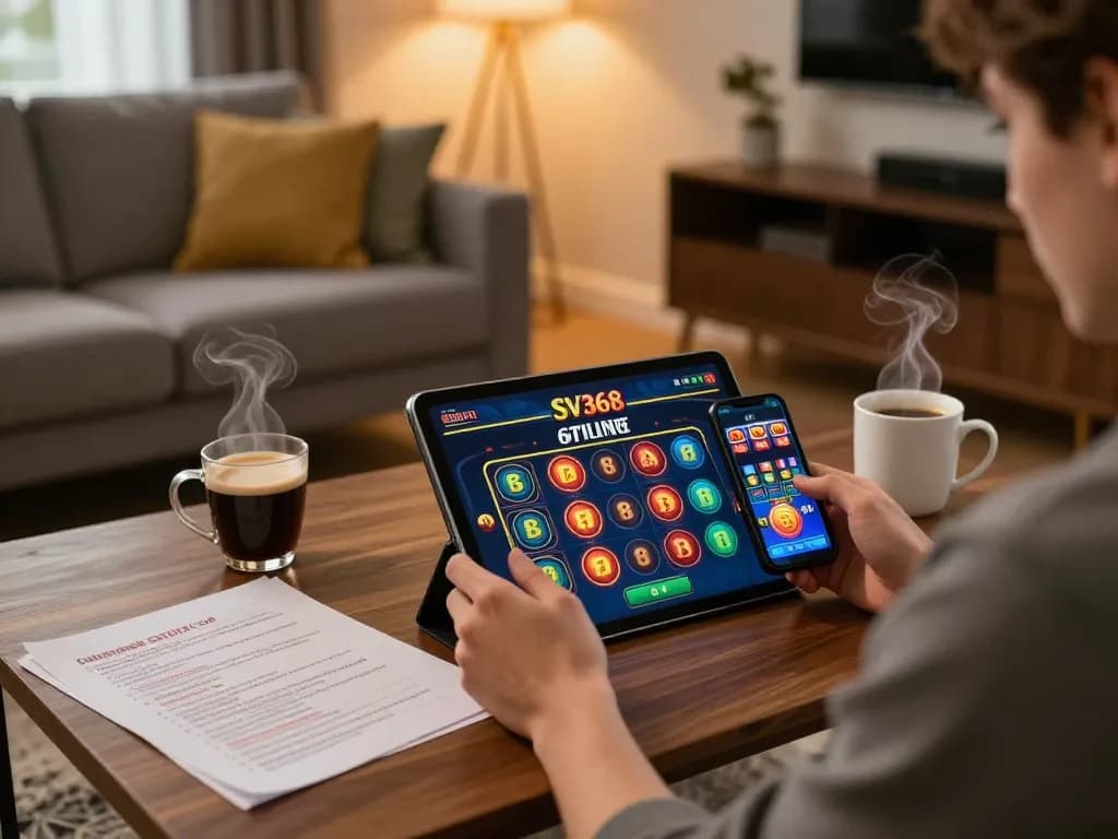 Engaging in online gaming with the SV368 app on a tablet, showcasing a cozy home environment