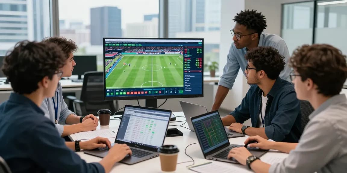 Sports analysts evaluating ty le keo nha cai with live data displays and team strategies.