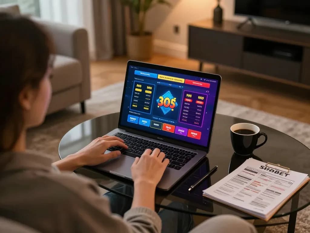 Engaged player enjoying sbobet gaming on laptop in a cozy home setting with betting strategy notes.