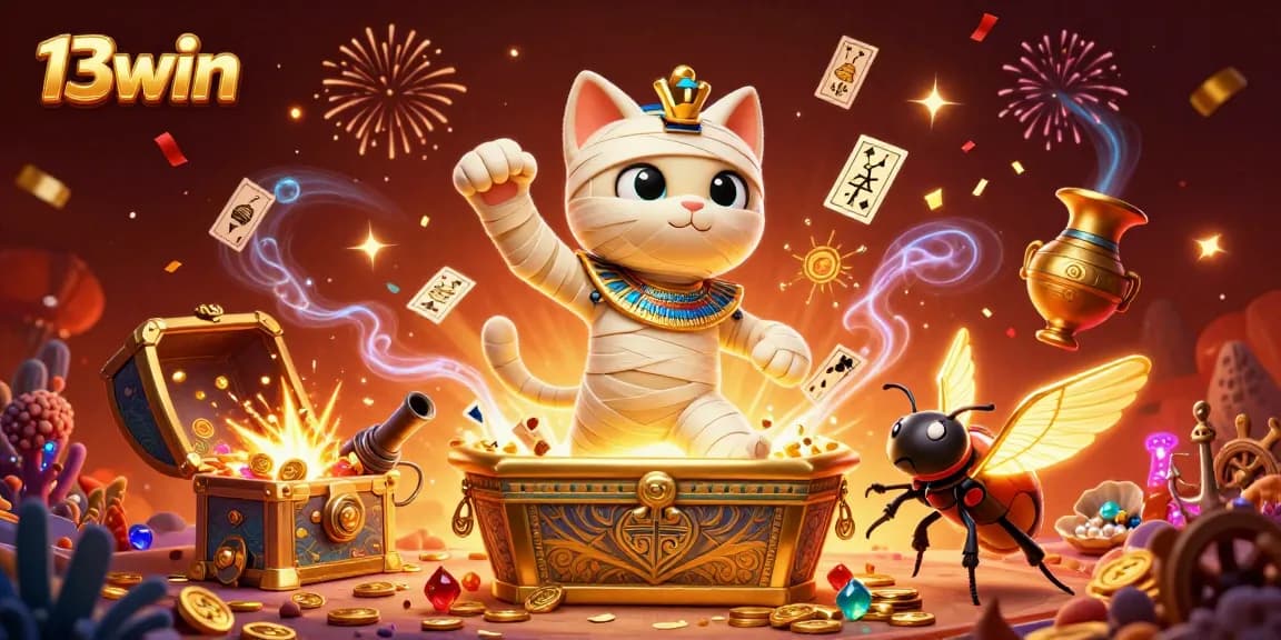 Experience the thrill of 13win at a vibrant online casino featuring an Egyptian mummy cat and treasure elements.