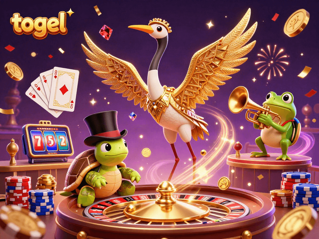 Engage with the thrilling world of togel as a 3D turtle and crane celebrate at a speakeasy bar.