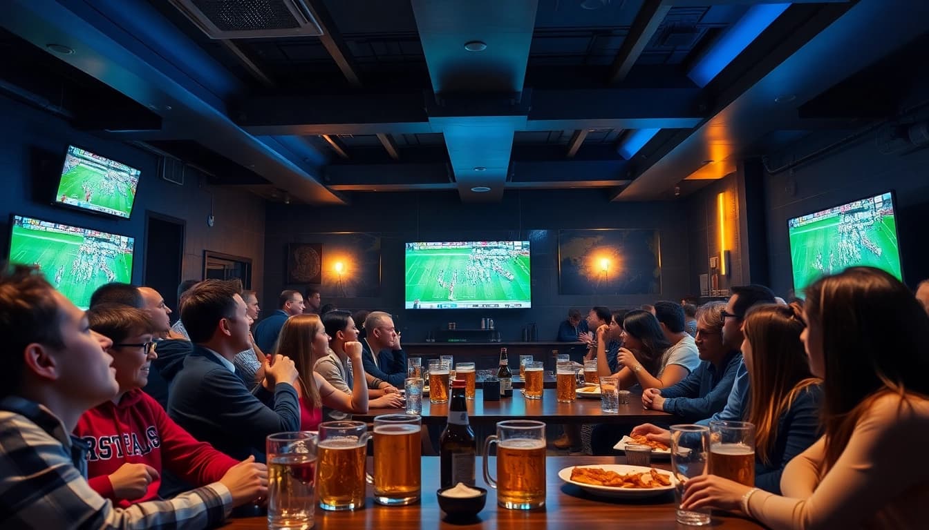 Fans celebrating football matches together while engaging with tylelekeo88 tv in a lively sports bar.