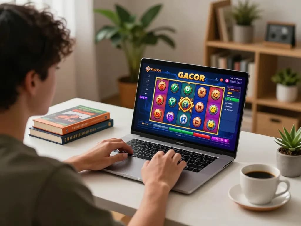 Engaging online player using a link slot gacor platform, highlighting strategies and excitement.