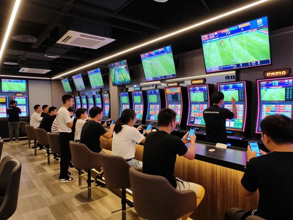 Engaging sports fans placing bets on their phones at the lively tylekeonhacai88 sports betting lounge.