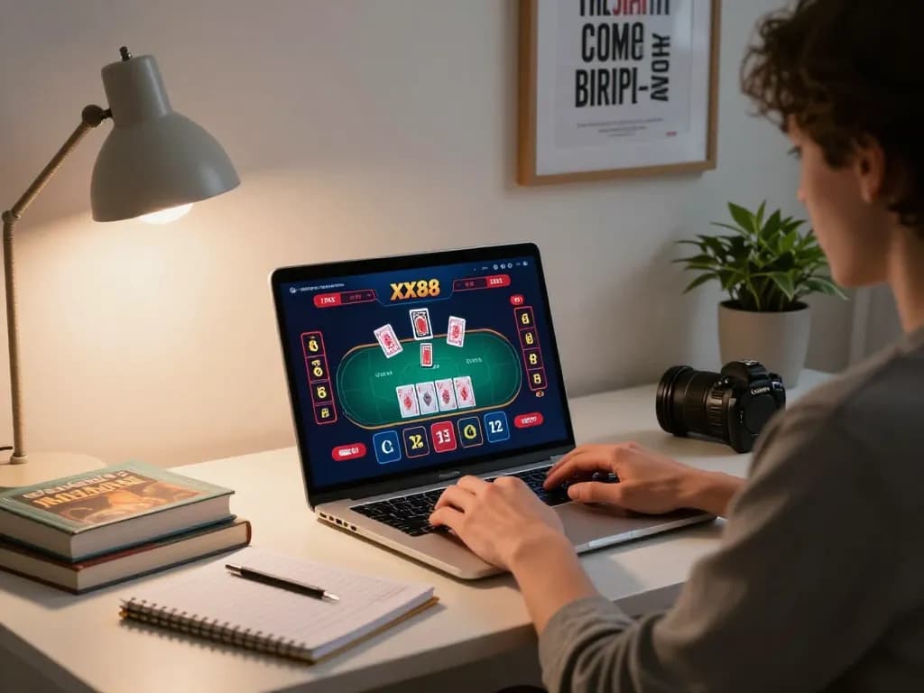 Player engaging with XX88's online casino, focused on live dealer game setup in a cozy home office.