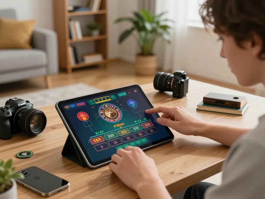 MM88 player placing strategic bets while enjoying roulette on a tablet in a cozy home setting