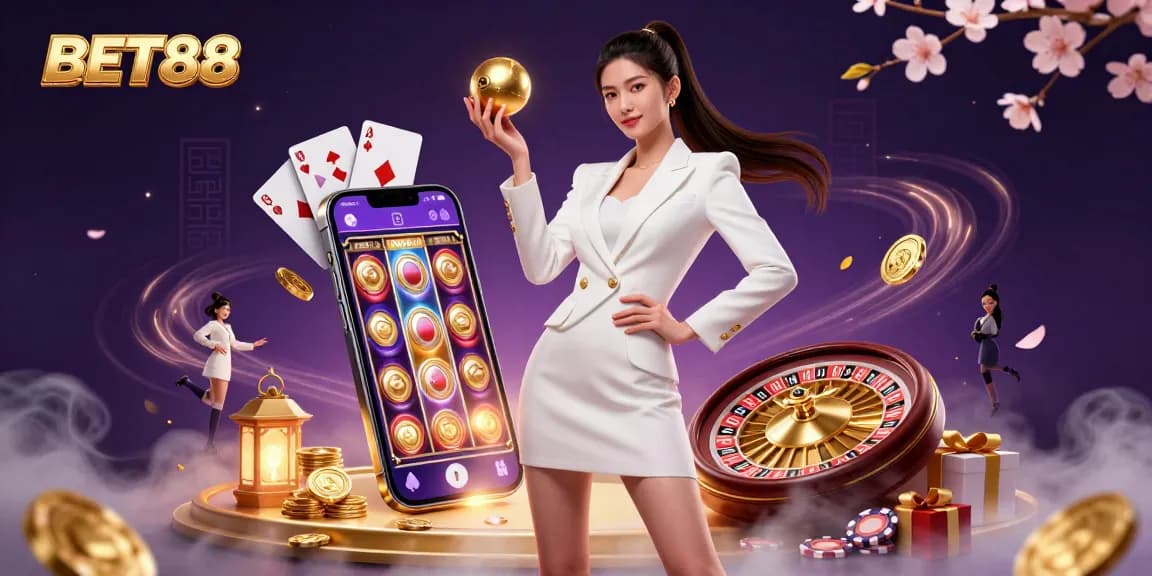 BET88 showcases a confident Asian woman holding a roulette ball amidst vibrant casino elements.