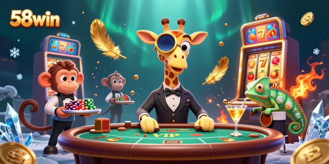 Experience thrilling gameplay with 58win's vibrant casino scene featuring a high-roller giraffe and dynamic elements.