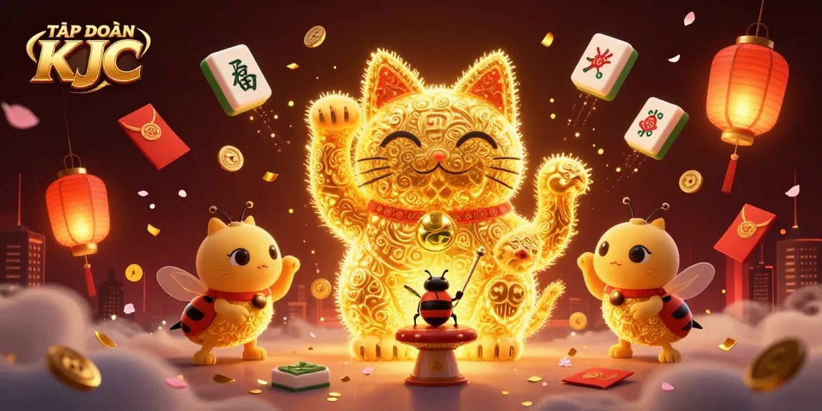 TẬP ĐOÀN KJC showcases a vibrant casino world with animated elements and a lucky cat symbolizing fortune and fun.