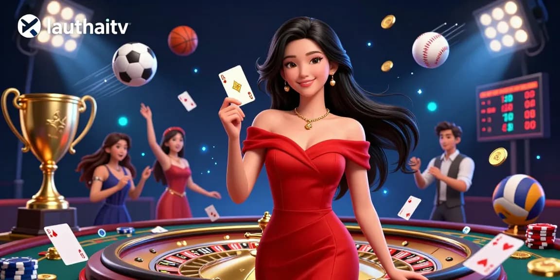 Experience thrilling gambling action on lauthaitv with a stylish Asian woman beside a golden roulette wheel, capturing vibrant energy.