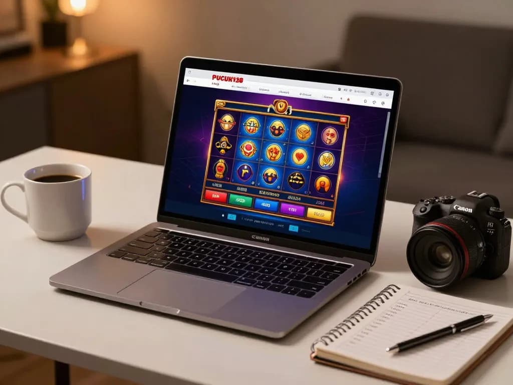 Engaging online gaming session on PUCUK138 platform showcasing a colorful slot interface and strategic notes.