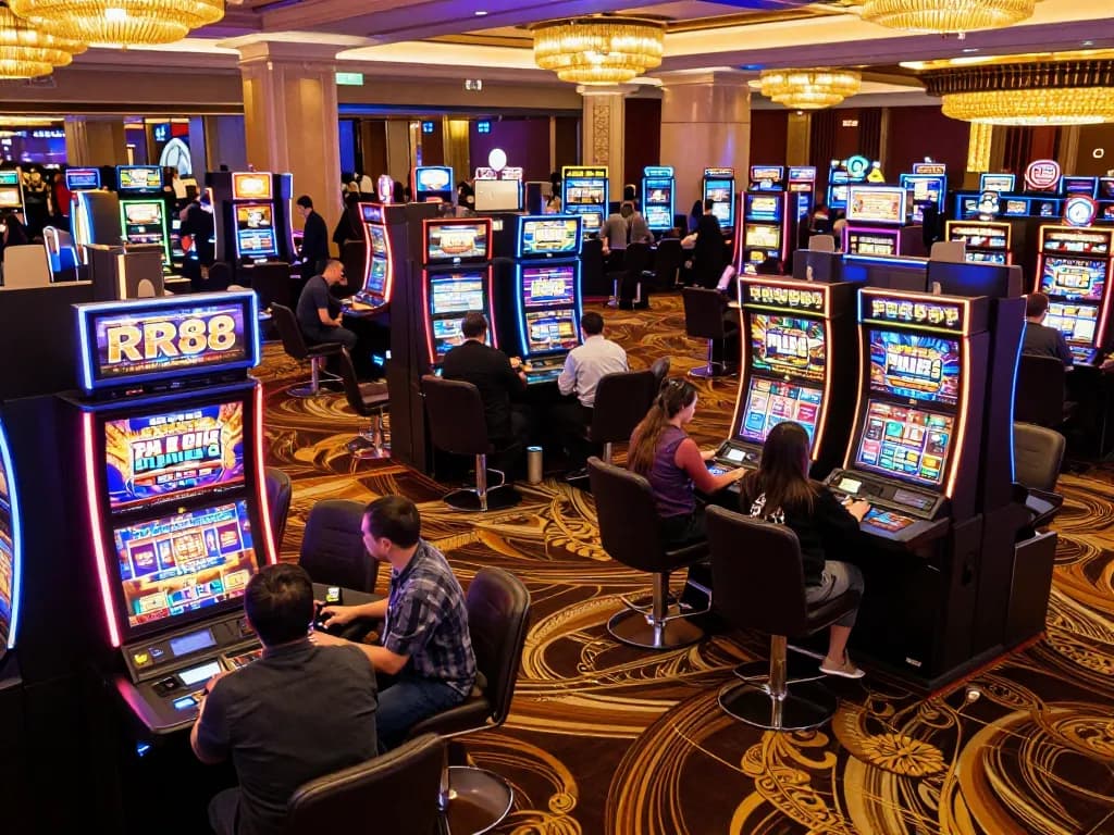 Players enjoying vibrant slot machines and engaging games at RR88 casino, showcasing excitement.