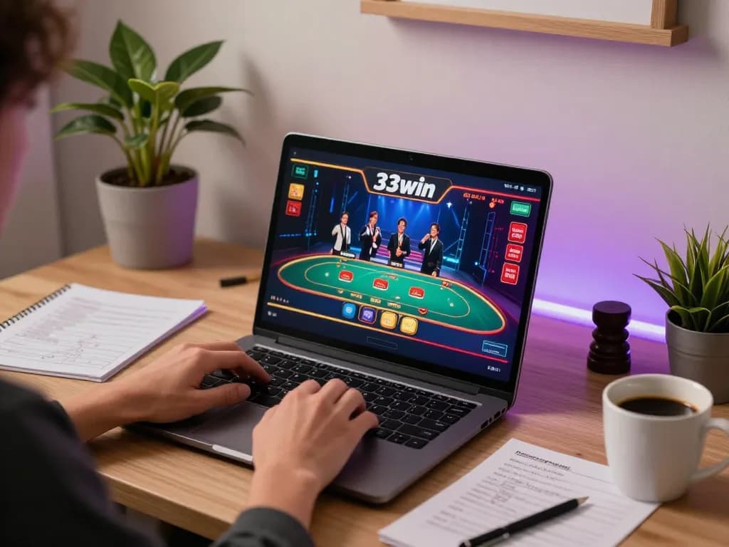 Engaged player enjoying 33win online casino gameplay on a laptop in a cozy home office.