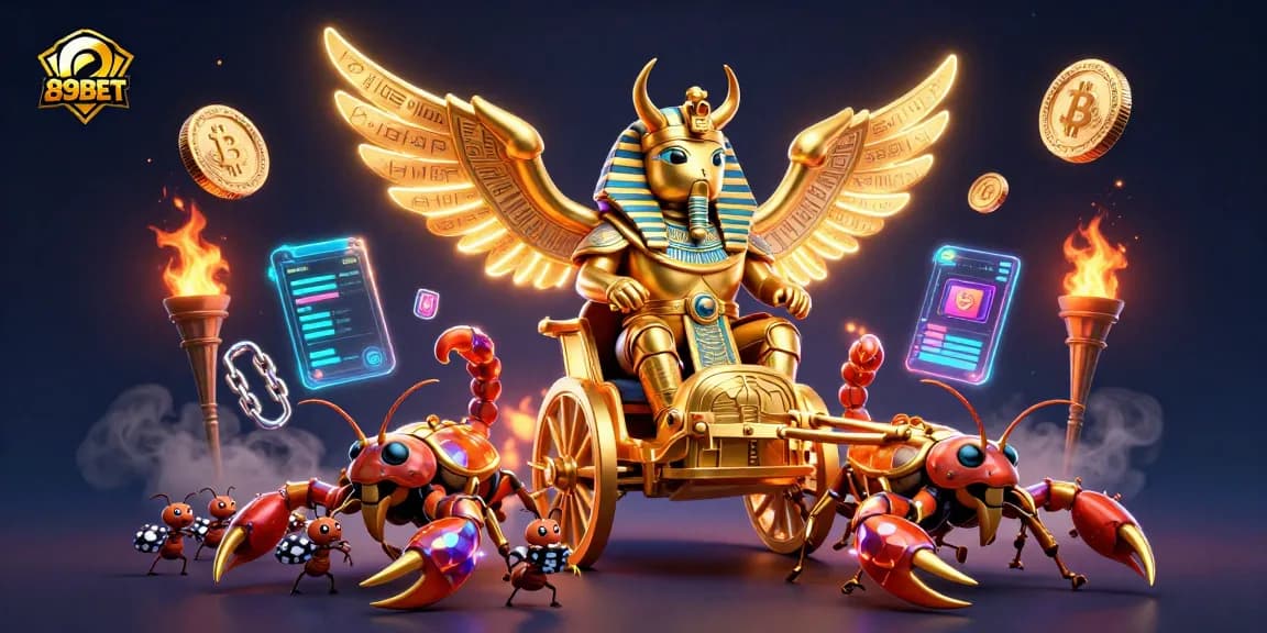 Win big with 89BET while exploring a vibrant 3D casino adventure with golden scarabs and crypto coins.