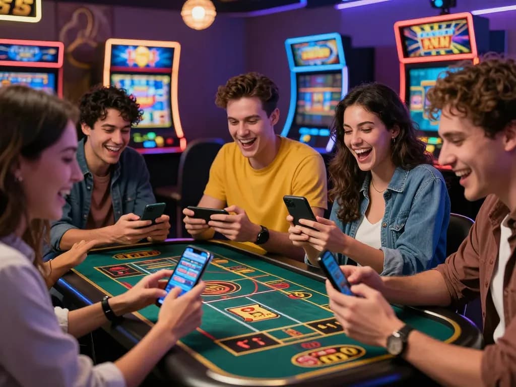 Friends engaging in an exciting online gambling experience on https://sc88e.com/ with vibrant casino-themed decor.