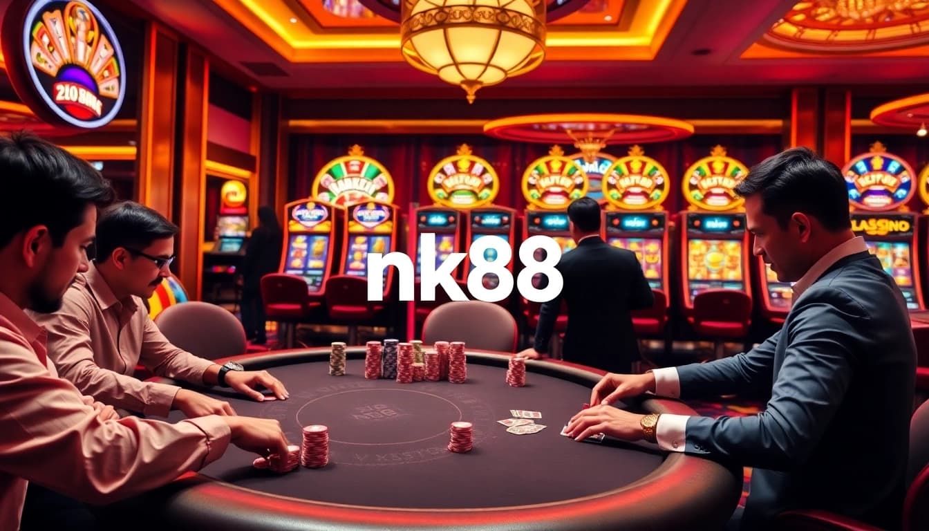 Exciting nk88 casino gaming scene with poker chips, players, and vibrant slot machines.
