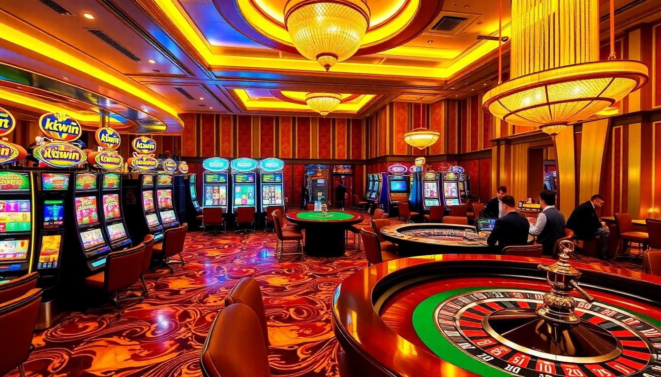 Exciting slot machine action at KKWIN casino, showcasing vibrant games and professional gaming tables.