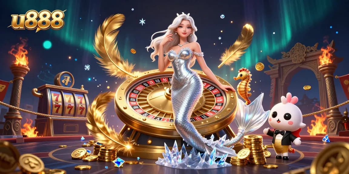 Experience thrilling games at u888, featuring captivating casino scenes with roulette and charming characters.