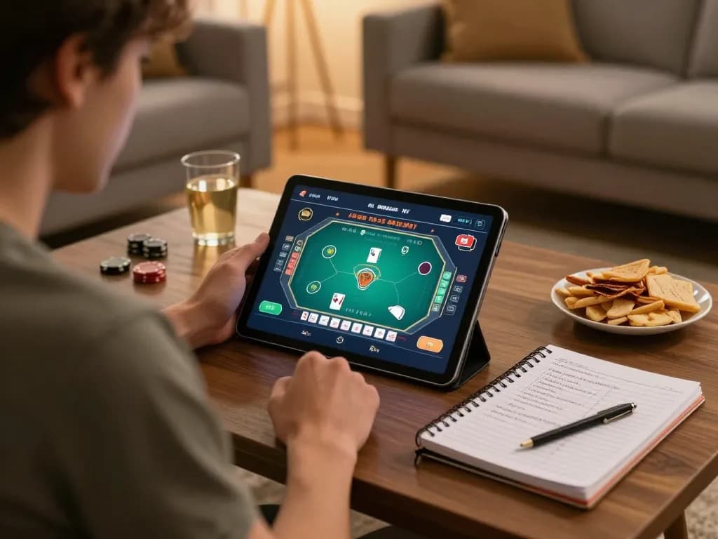 Engaging in AU88 click for online gambling on a tablet in a cozy living room.