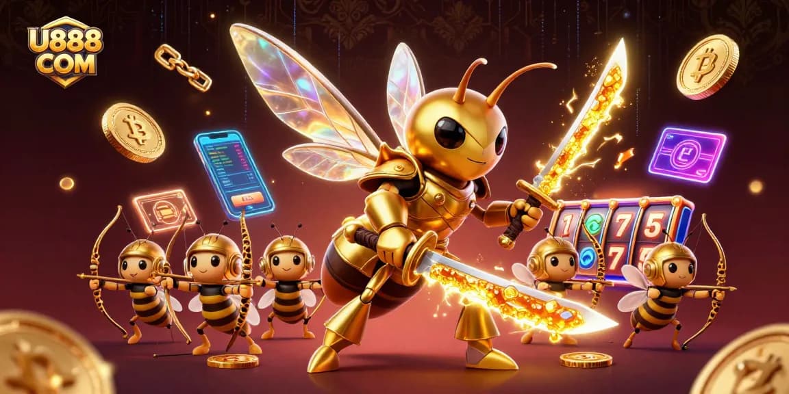 Experience the excitement of U888 COM with a vibrant illustration of samurai hornets amidst slot reels and cryptocurrency elements.