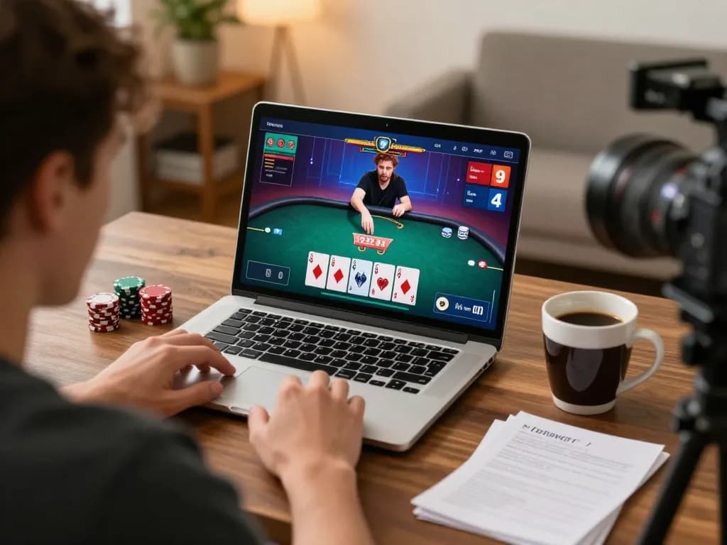 Engaging player enjoying a go8 online poker game at home with strategy notes nearby.