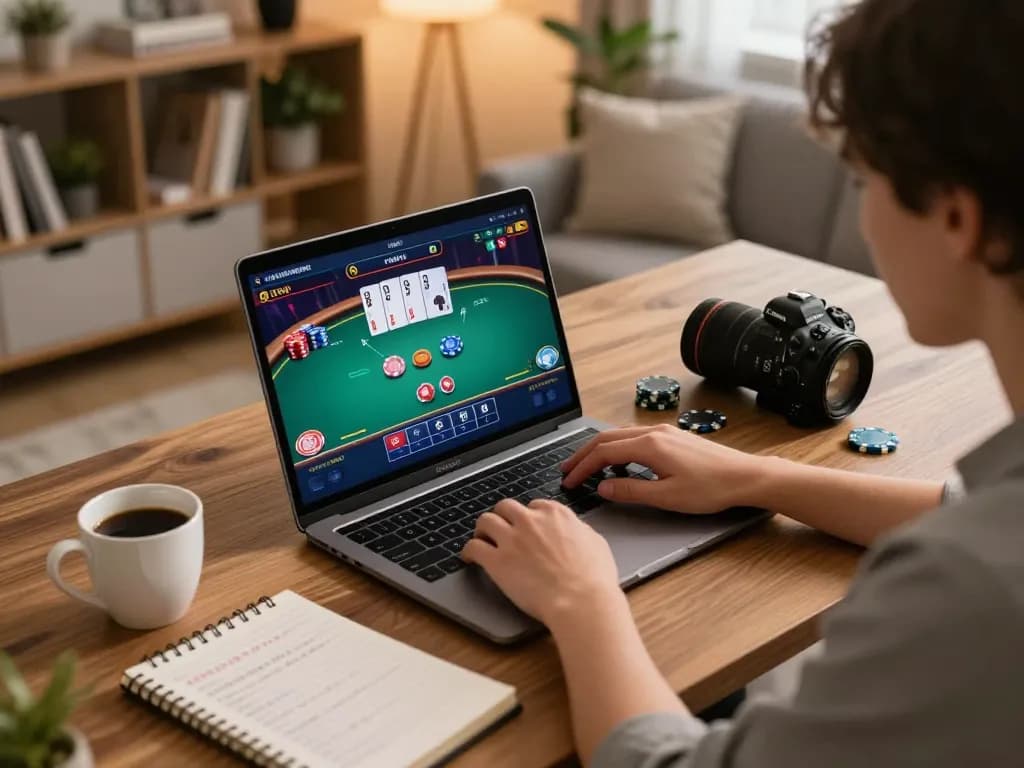 Engaged in online poker gaming with link vào DOLA789 on the laptop screen, showcasing strategic thinking and responsible entertainment.