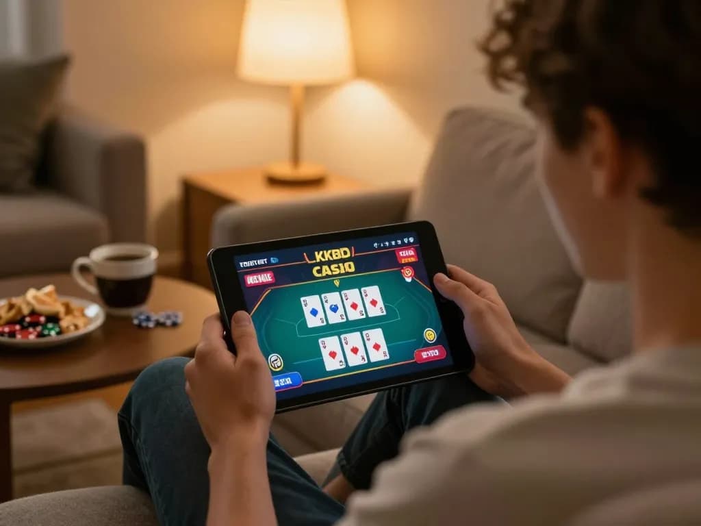 Engaging gameplay scene at KKBD Casino with a player using a tablet for poker.