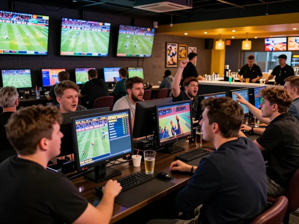 Engaged bettors placing wagers at a vibrant sports betting lounge featuring keonhacai events.