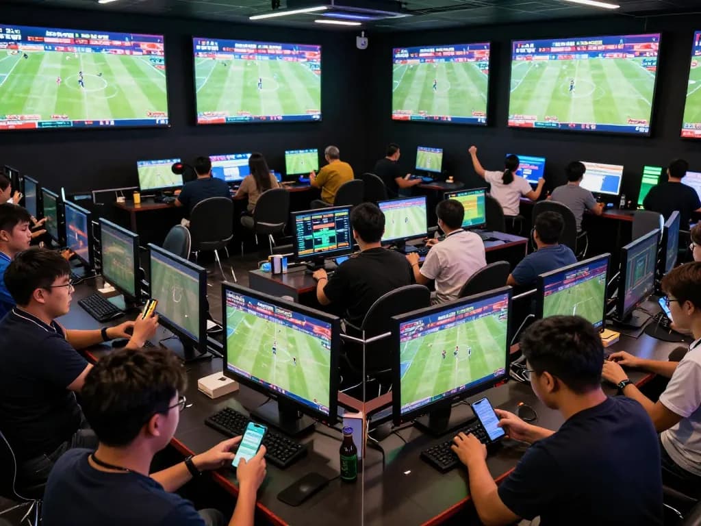 Excited sports fans placing bets at nhà cái rr88's modern betting arena, with vibrant screens displaying live events.