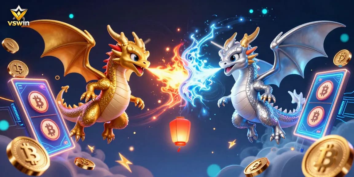 Experience the vibrant world of vswin with dynamic dragons, slot elements, and neon cryptocurrency coins surrounded by gaming excitement.