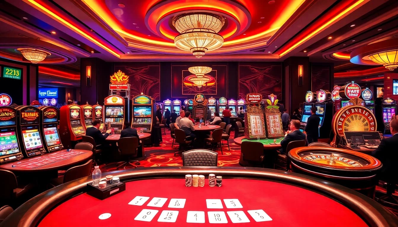 Experience the thrill of GAME BÀI 123GA in a vibrant casino setting with players engaging at poker and slot machines.