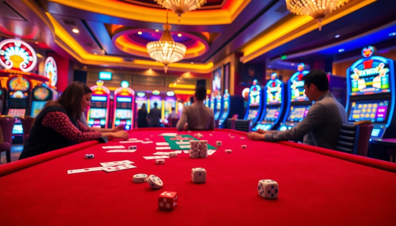 Players enjoying a thrilling game at the kkwin-themed casino table with vibrant chips and cards.