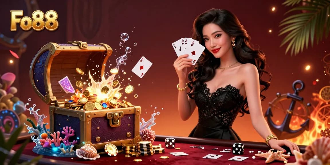 Fo88 casino illustration showcases an elegant Asian woman holding ace cards in a luxurious setting, surrounded by glittering casino elements.