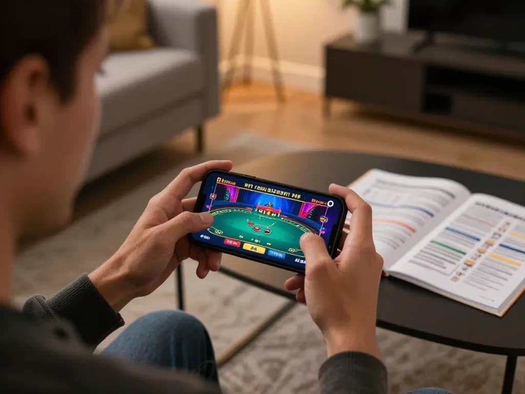 Engaging player enjoying live dealer games at https://sc88.casino/ on smartphone in cozy home setting