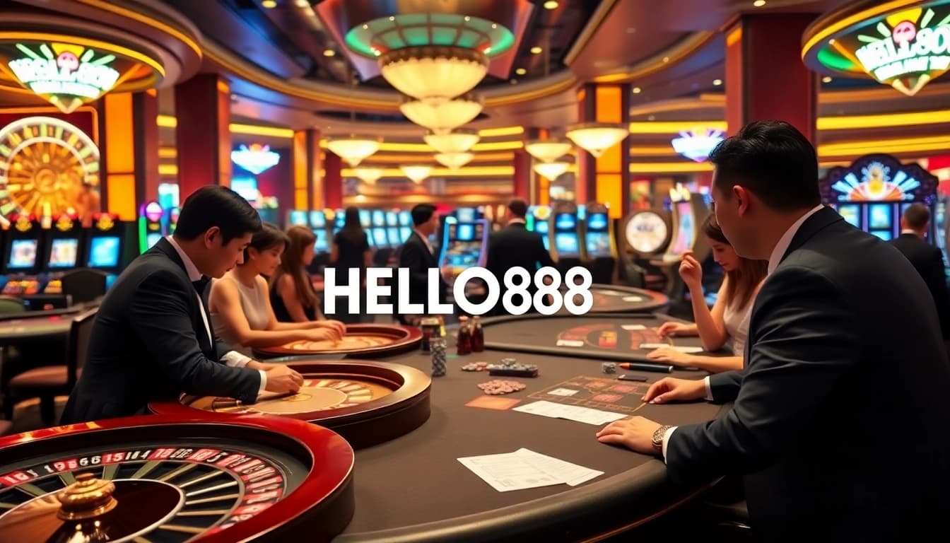 HELLO88 casino scene with vibrant gaming tables and engaging players in a luxurious atmosphere