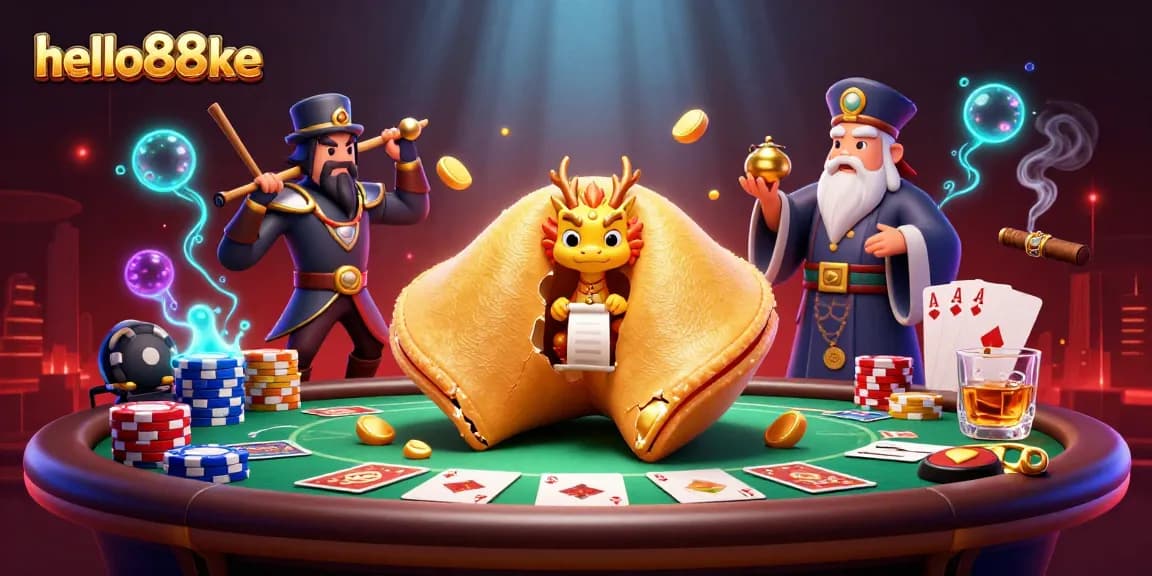 Engage in thrilling gameplay at hello88ke, featuring a vibrant 3D illustration of a golden fortune cookie and poker scene.