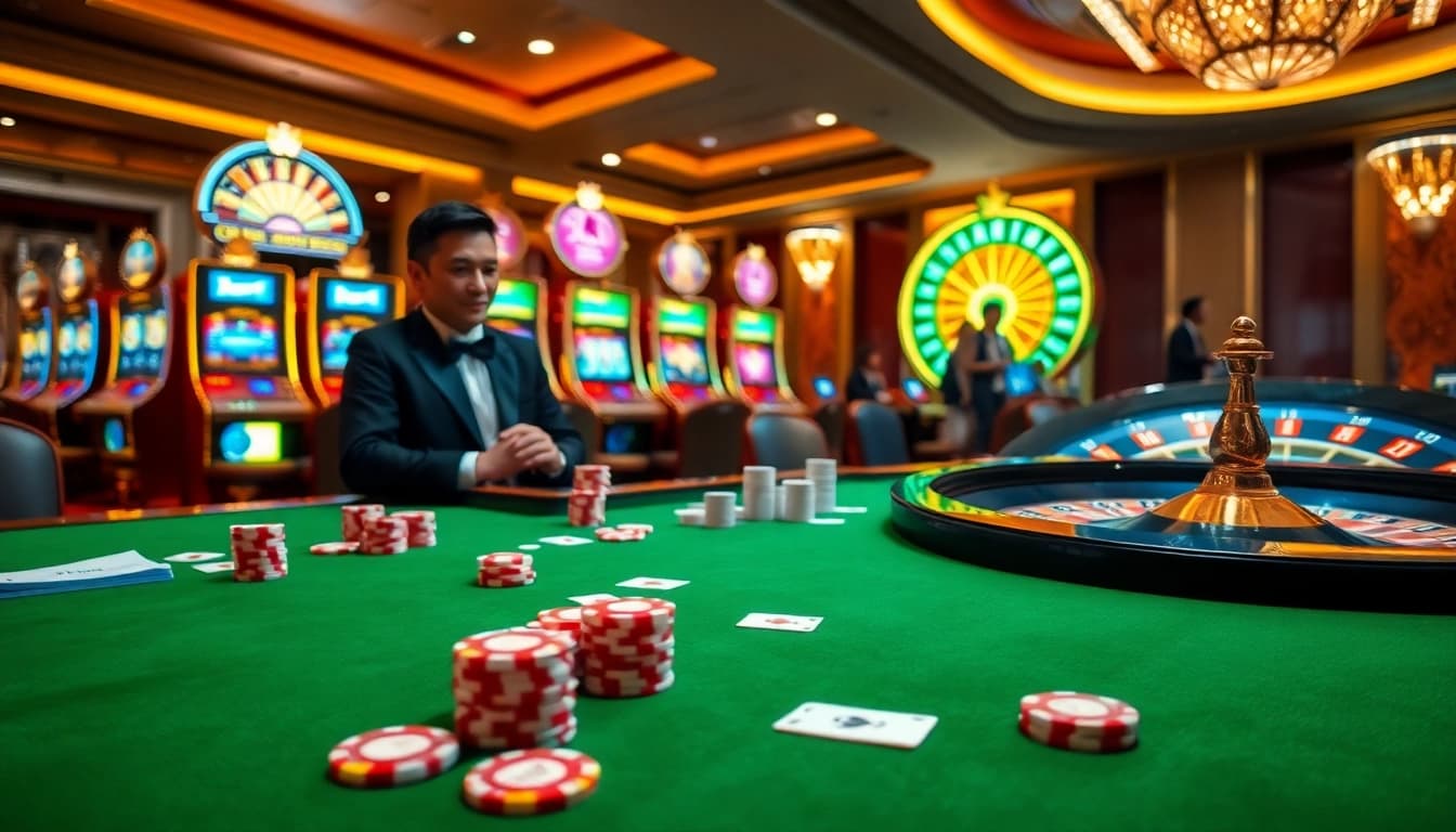 Bets live on an exciting table layout at https://bem88.com featuring poker chips and cards.