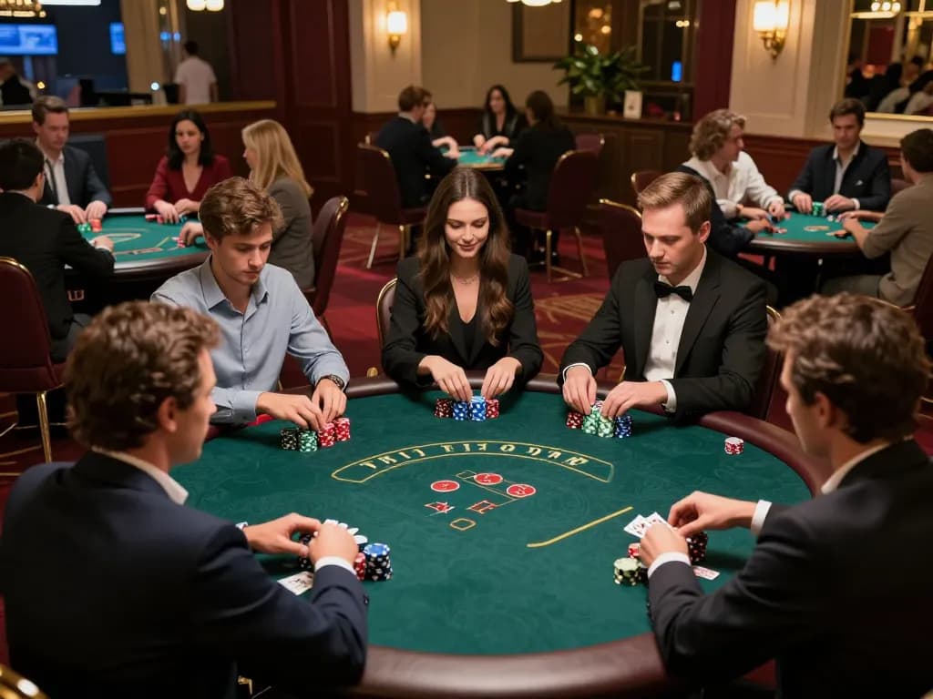 Engaging poker game at an upscale casino, showcasing players making strategic bets, highlighting lv88f experience.