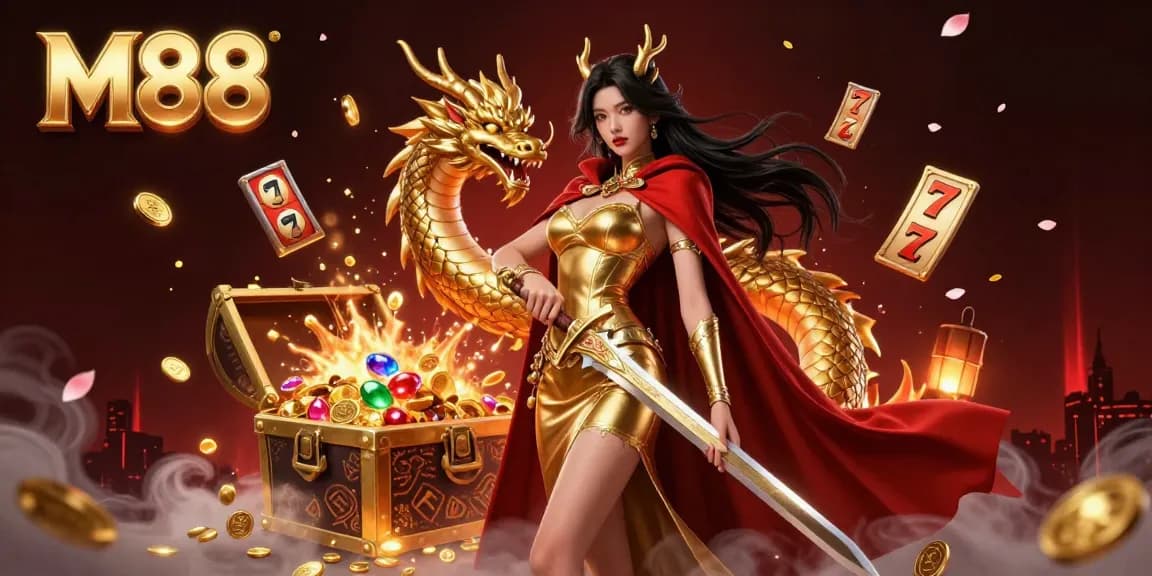 M88 showcases a stunning warrior queen gambling in a treasure-filled casino environment, creating an engaging betting atmosphere.